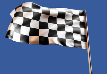 Finish flag on blue background. Checkered banner for car competitions. Starting flag flutters in wind. Banner for signal at finish of race. Racing flag on metal support. Motocross finish. 3d image
