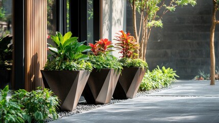 Modern Geometric Planters with Lush Greenery in a Contemporary Courtyard