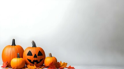 Halloween Pumpkins With Fall Leaves On White Background