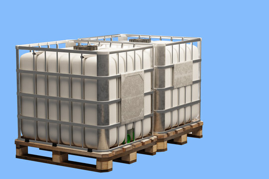 IBC reservoirs. Plastic barrels on pallets. Tanks for transporting liquids. IBC in metal sheathing. Plastic square containers with pallets. IBC isolated on blue. Fuel storage reservoirs. 3d image