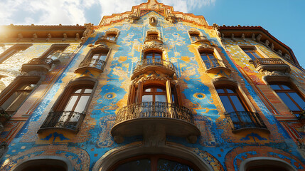 Vibrant Mosaic Facade, Architectural Detail in Sunlight