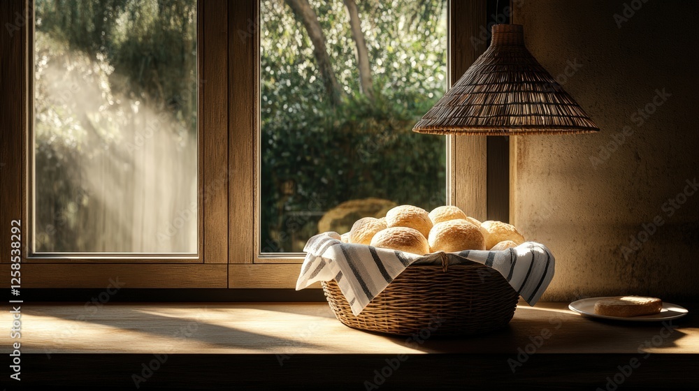 Poster basket of fresh bread rolls on a table with a towel next to it in a cozy setting