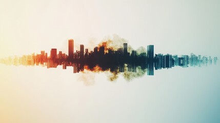 Urban skyline reflection cityscape digital art atmospheric conditions aerial view abstract conceptualization