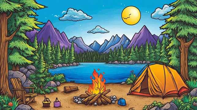 Summer camp in forest with tents and campfire. Nature landscape with trees, lake, mountains and campsite on beach with bonfire, tents, chair and backpack, vector cartoon illustration