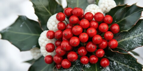 A close-up of vivid red holly berries clustered together, surrounded by glossy green leaves against a snowy backdrop.
