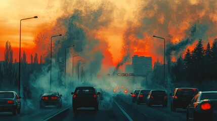 Traffic jam amidst urban pollution at sunset city road environmental impact photography busy highway dramatic viewpoint