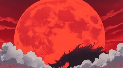 A menacing silhouette of a wolf emerges from the clouds before a blood-red moon.  Fiery, ominous, and dramatic.