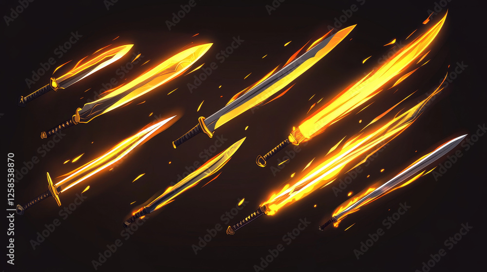 Aufkleber set of sword attack, slash and cut effect isolated on black background. yellow flash of weapon strik