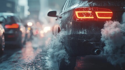 Urban car emission impact city streets action photography rainy environment close-up view pollution awareness