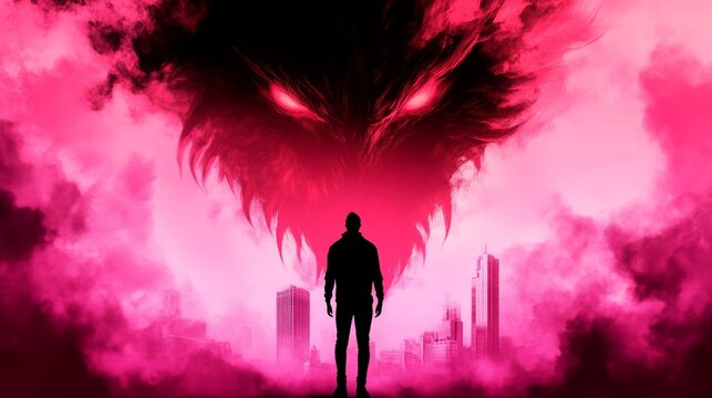 Silhouette of a man facing a monstrous entity in a pink-hued cityscape. A dramatic, dark fantasy art.