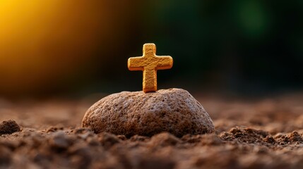 Golden Cross Resting on Rock Against Dark Backdrop Symbolizing Faith Hope and Religious Beliefs