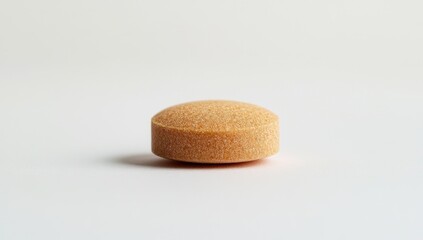 A round, brown pill on a white background,