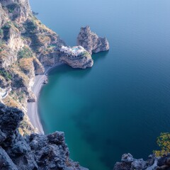 High Angle View of Secluded Coastal Bay with Dark Blue Waters
