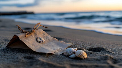 Sunset Beach Message, Seashells Rest on Sand Near a Mysterious Package Tied with Twine.