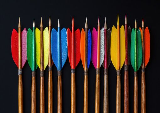 A row of arrows with colorful fletching, each arrow having a different color and shape - Powered by Adobe