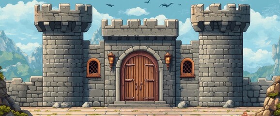 Medieval Castle Gatehouse, Stone Walls, Mountain View