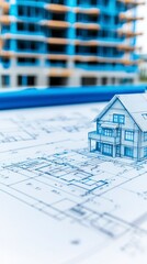 House Model on Architectural Blueprints Near Construction Site