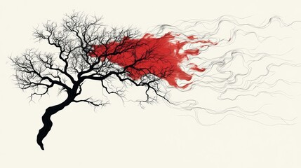 Abstract art of a barren tree with red, flowing strokes.  A dramatic contrast of black and red against a neutral background.