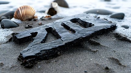 Ocean's Enigma, Black Wooden Plank with Carvings on Sandy Beach near Shells and Stones
