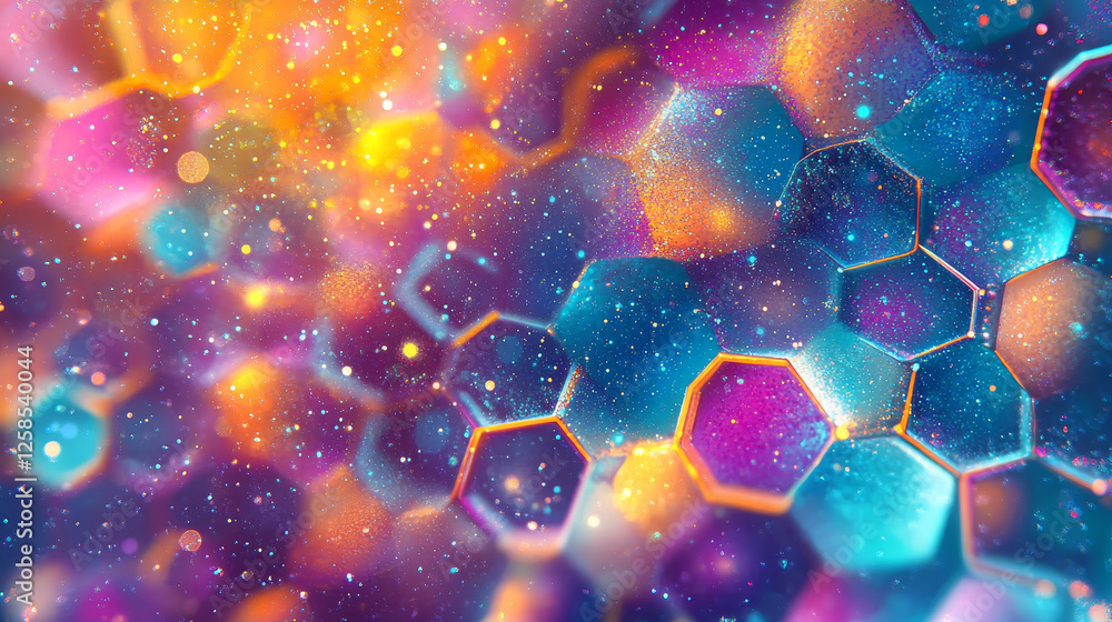 Poster purple pastel medical and tech background with hexagon pattern and bright sparkles. realistic vector