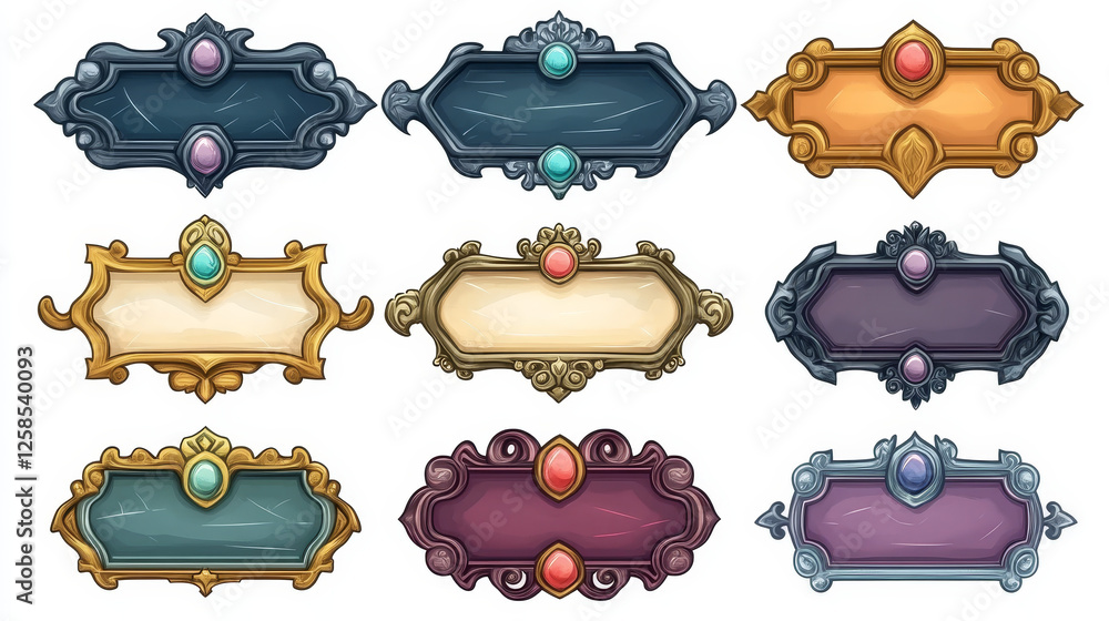 Poster medieval game buttons, user interface menu elements. oblong colorful ui banners with ornate rims and