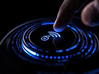 Close-up of a finger touching a glowing touch-sensitive control in a dark setting.