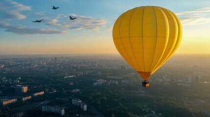 Yellow hot air balloon flying over city at sunrise with birds