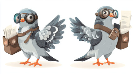 Cartoon mail carrier pigeon characters - flying with postal bag and letters, standing with paper scroll and pilot goggles. Grey bird mascots in vintage messenger outfit for delivery service branding.