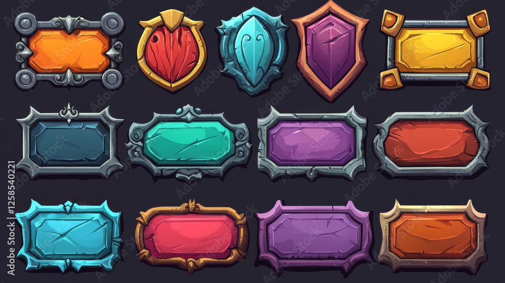 Poster medieval game buttons, user interface menu elements. oblong colorful ui banners with ornate rims and