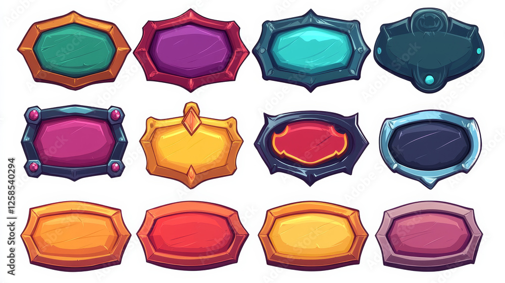 Poster medieval game buttons, user interface menu elements. oblong colorful ui banners with ornate rims and