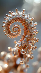 Spiral Metallic Sculpture, Abstract Art in Copper Hues, Reflecting Light Beautifully with Intricate Details.