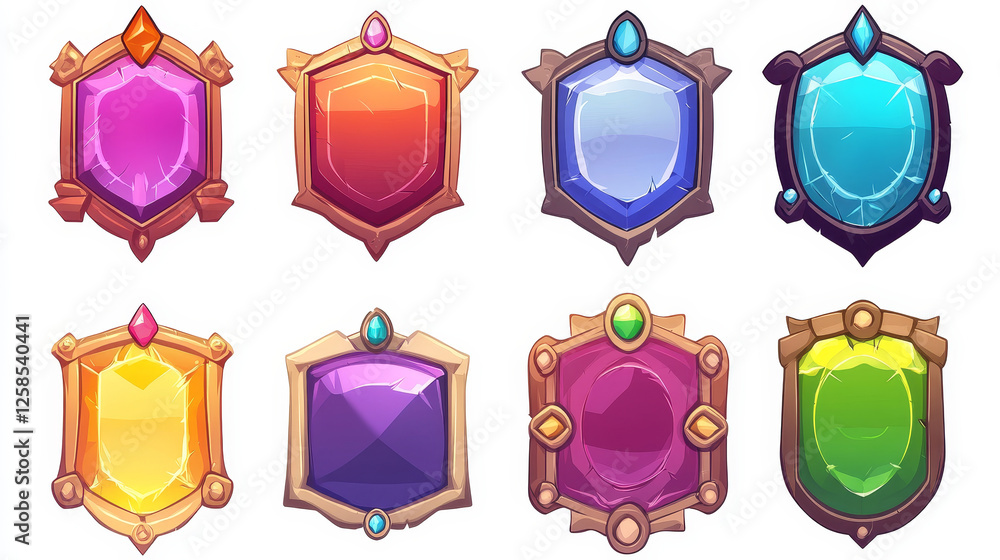 Poster medieval game buttons, user interface menu elements. oblong colorful ui banners with ornate rims and