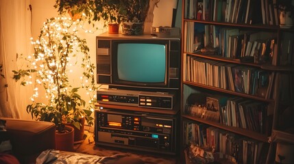 Cozy 80s Inspired Retro Living Room with Vintage TV and Warm Nostalgic Lighting