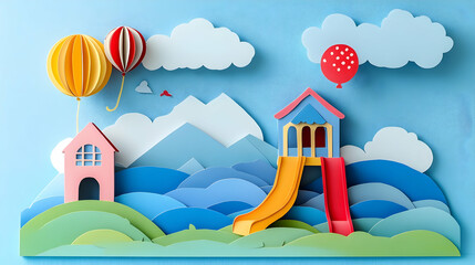 Fototapeta premium Colorful paper cut playground scene with hills and clouds. Possible use Children's book illustration or educational material