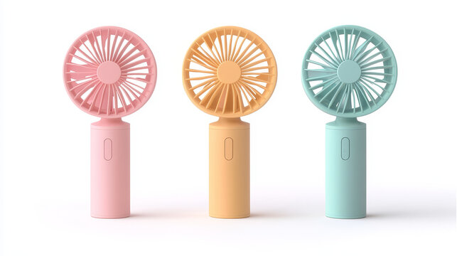 Cute portable handheld electric fan. Cartoon vector illustration set of summer childish hand mini ventilator for air cooling and blowing. Climate equipment with propeller for cool wind airflow.