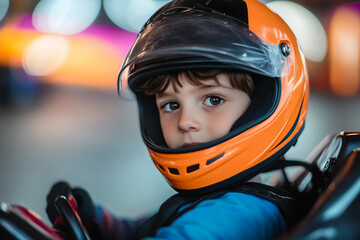 Adorable child in a racing helmet, ready for action on the track, showcasing enthusiasm for motorsport, generative AI