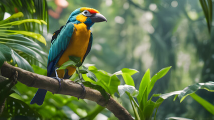 Obraz premium A colorful bird with brilliant blue plumage and a sharp black beak sits on a tree branch in a tropical forest