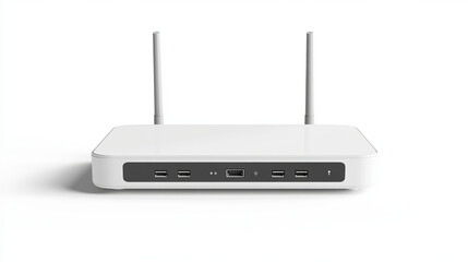 Wifi router, wireless broadband modem with antennas in front and perspective view. Vector realistic mockup of Ethernet router for network connection and Internet access isolated on white background