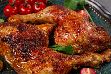 grilled fried chicken legs, served with fresh cherry tomatoes and herbs, on a plate, homemade, no people,