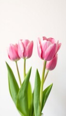 Naklejka premium Soft pink tulips sway gently in the breeze against a crisp white background, pink, summer, crisp