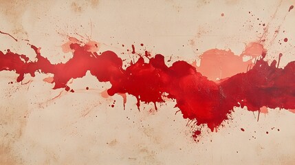 Abstract Splatter Art Painting with Red Splatters and Stains on Textured Beige Canvas Backdrop