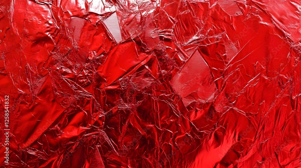Aufkleber intense red crumpled metallic foil texture background with shiny reflective surface