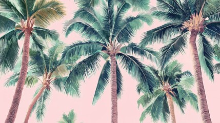 Painterly Palm Trees Against Soft Pink Sky Backdrop, Tropical Serenity