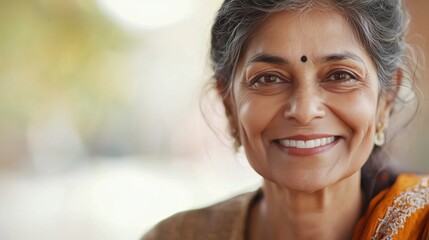 A fashionable Indian woman radiates joy with her warm smile as she enjoys a sunny afternoon in a lively city. Dressed elegantly, her joy is contagious, attracting attention
