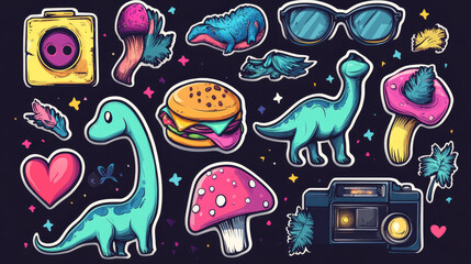 Psychedelic retro rave stickers with funny burger, dinosaur and mushrooms, retro audio tape and heart shaped glasses. Crazy dancer and cute odd creatures. Cartoon vector acid design badges set