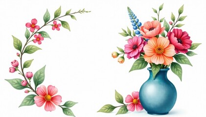Watercolor floral wreath surrounding a vase with fresh flowers, bloom, flowers, floral