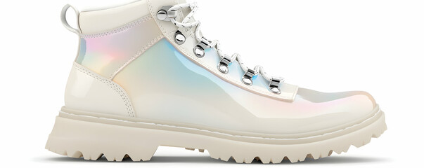 Iridescent Cream Boots, Chunky Sole, Lace-up, Stylish Footwear for Trendy Women