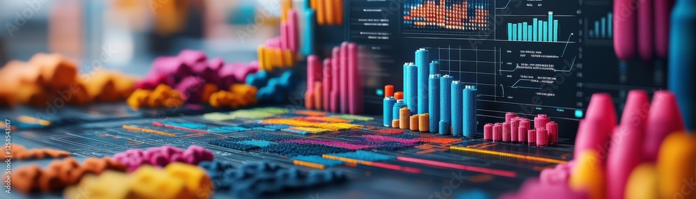 Poster a vibrant display of data visualizations, featuring colorful bar graphs and charts, illustrating ana