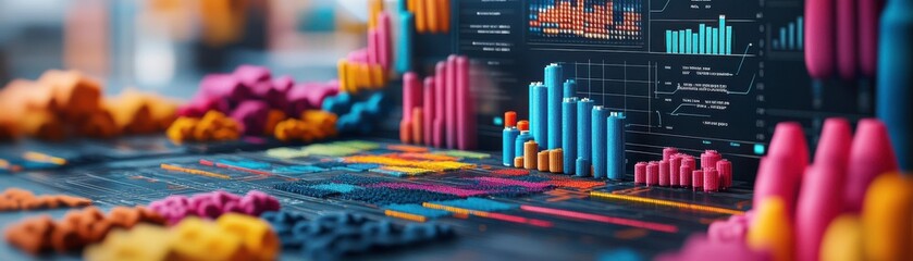 Obraz premium A vibrant display of data visualizations, featuring colorful bar graphs and charts, illustrating analytical trends and insights.