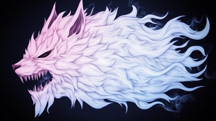 Fierce wolf with flowing mane of pink and blue flames against a dark background. Mystical and powerful digital art.